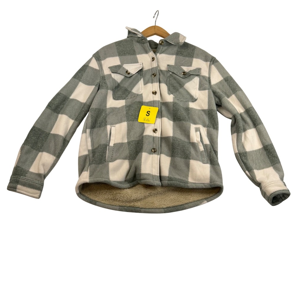 Sage Collective Green White Buffalo Plaid‎ Sherpa Lined Fleece Shacket Womens S